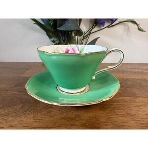 Vintage Paragon Teacup Saucer Mint Green Pink Rose Gold Bone China England